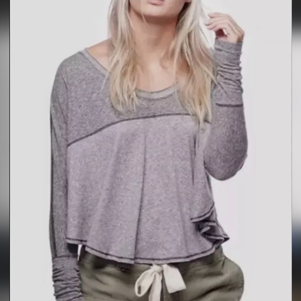 FREE PEOPLE "Cloud Nine" Tee Two-tone Heathered Gray Rounded Draped Hem Small